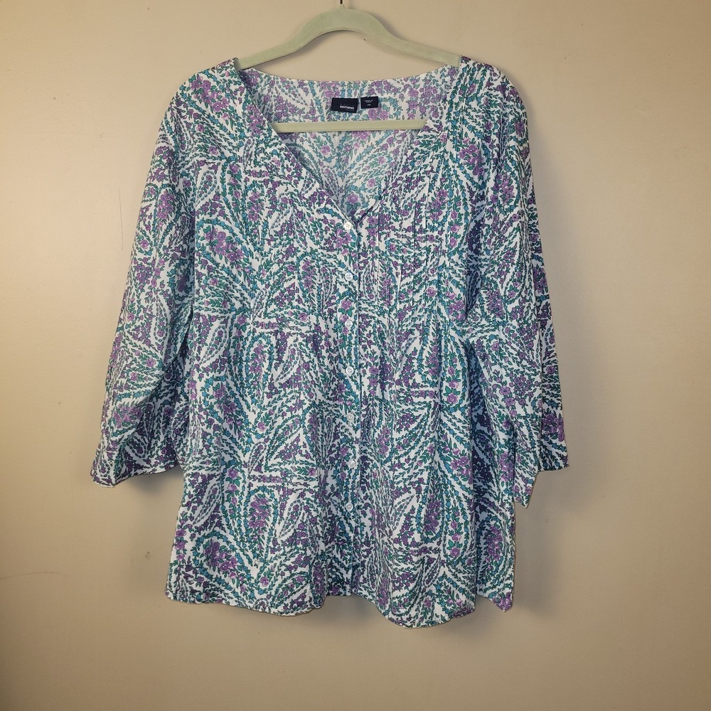 Basic Editions Women's Floral Blouse‎ 2X Cotton Purple Teal Boho Peasant Top 3/4
